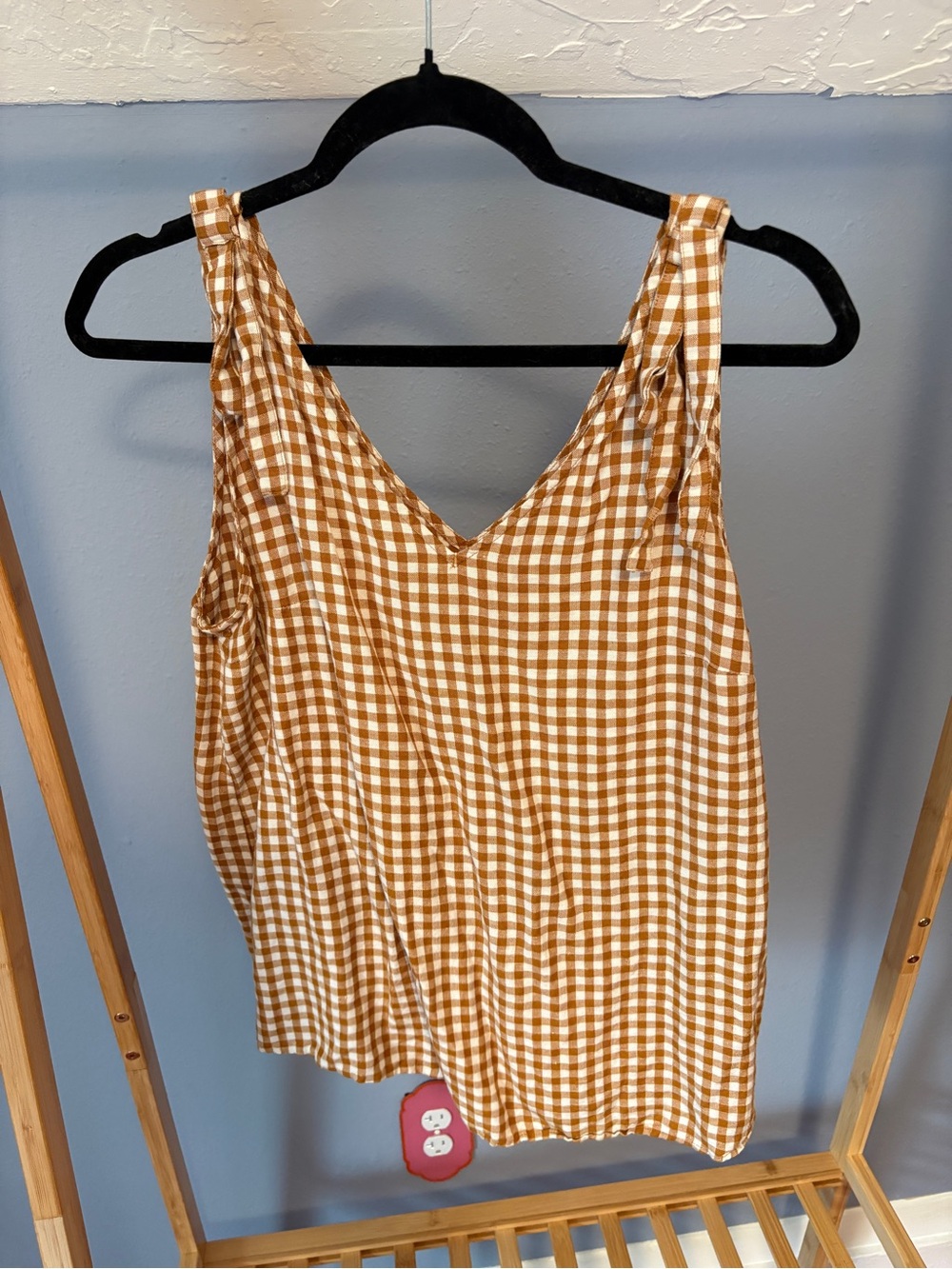 Ann Taylor Brown and White Gingham V-Neck Linen Blend Blouse
